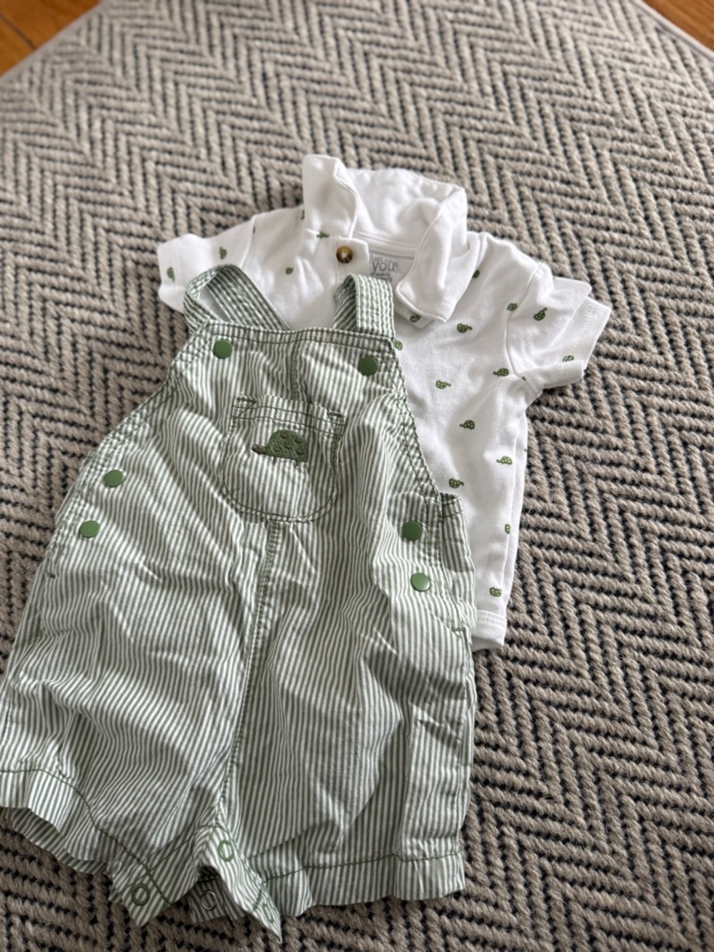 Green Striped Turtle Overalls with White Polo Top - Baby Set